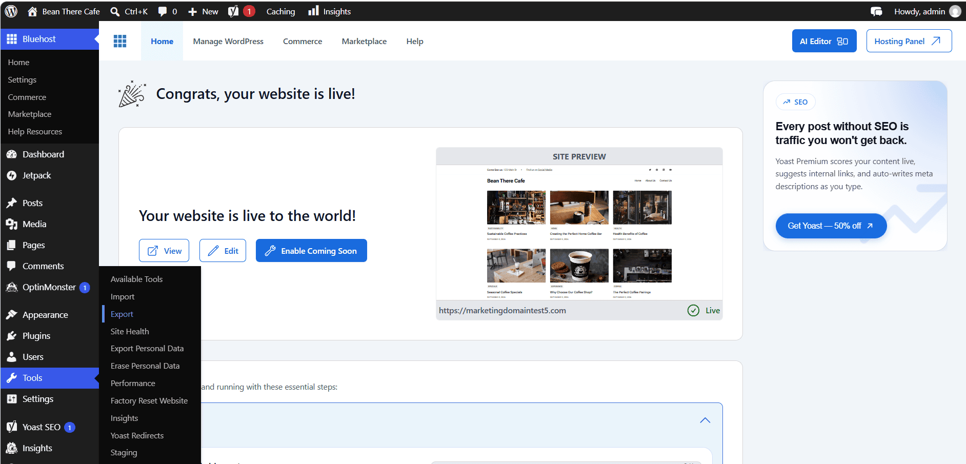 WordPress dashboard to export the backup