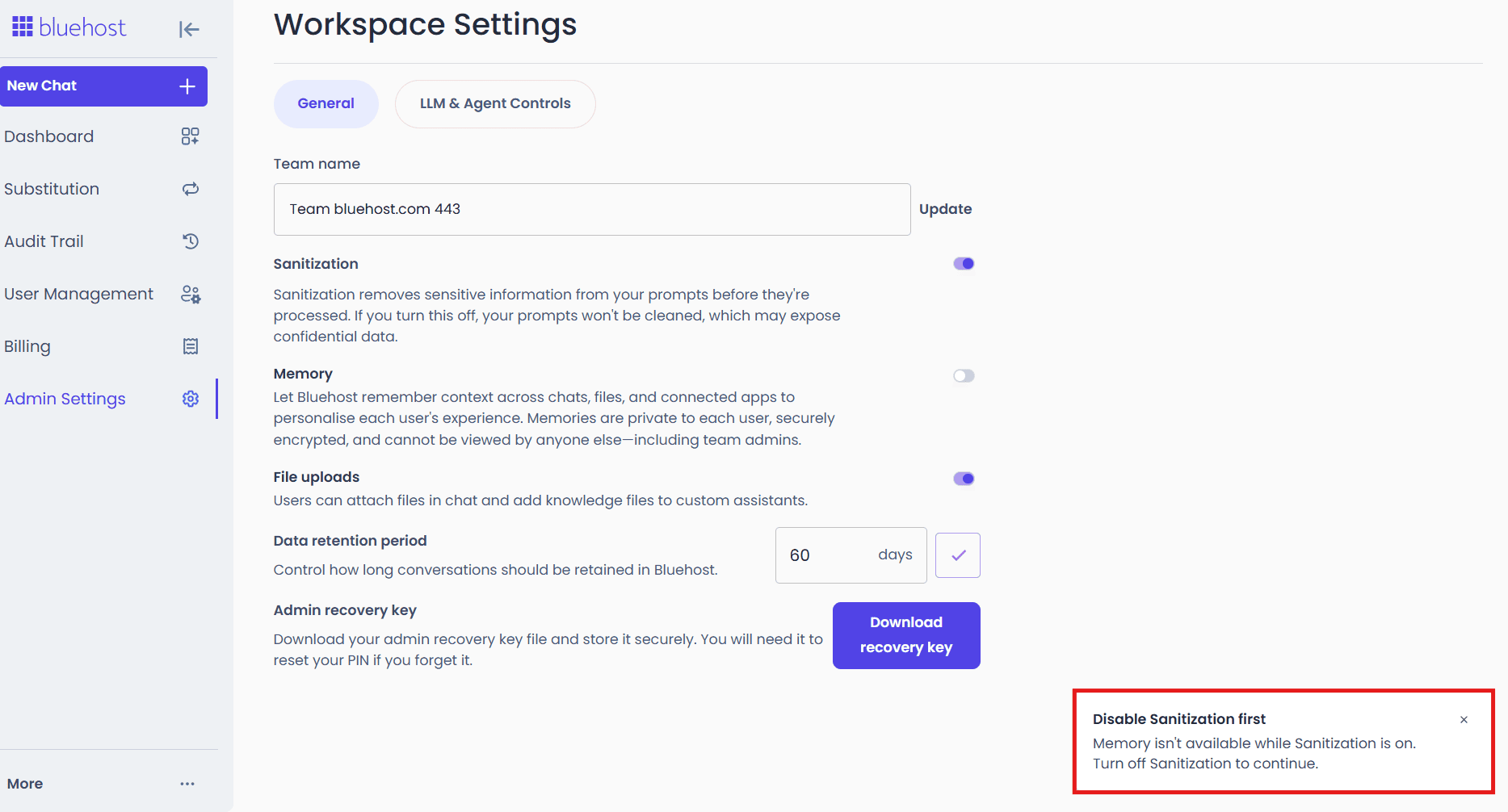 Bluehost admin settings with chat memory toggle and sanitization alert — AI All‑Access Pack update