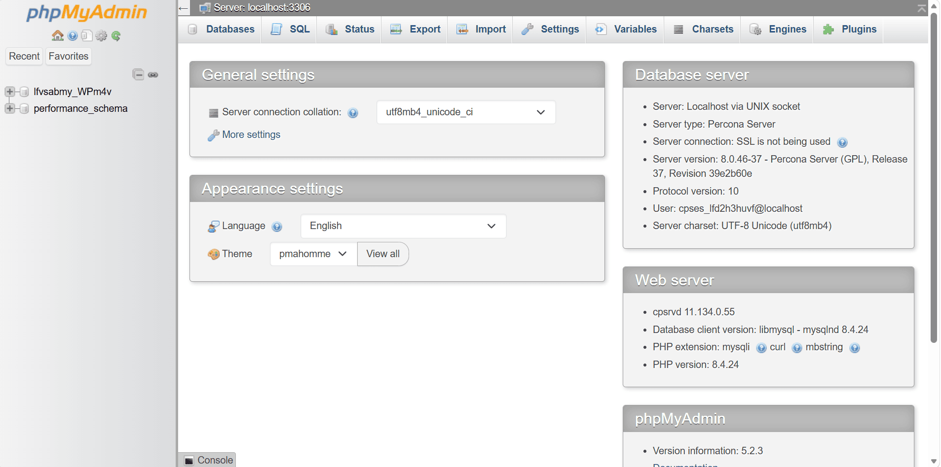 phpMyAdmin dashboard