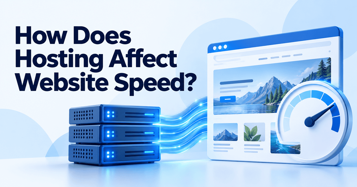 Hosting servers connected to a website preview with a speedometer illustrating how hosting affects website speed.