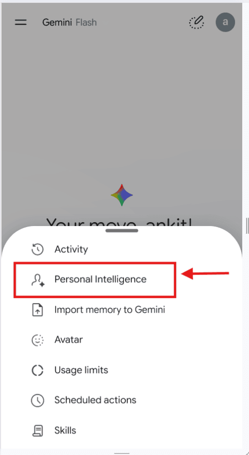 Google Gemini memory feature menu showing Personal Intelligence and Import memory options