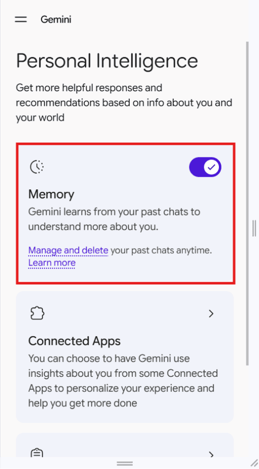 Screenshot of Google Gemini memory feature toggle on with links to manage or delete past chats