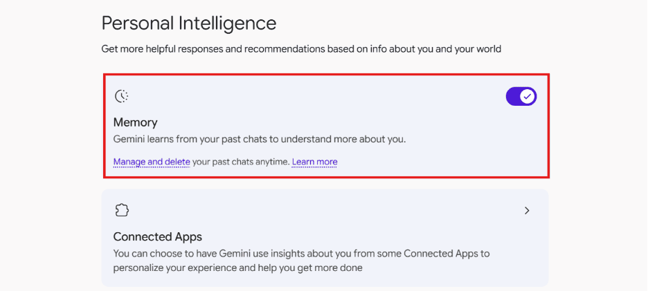 Google Gemini memory feature settings with Memory toggle on and manage/delete links highlighted