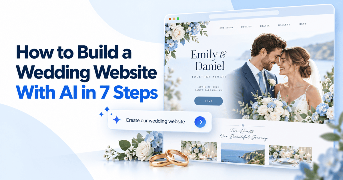 AI prompt beside a wedding website preview with a couple’s photo, RSVP button and wedding rings.