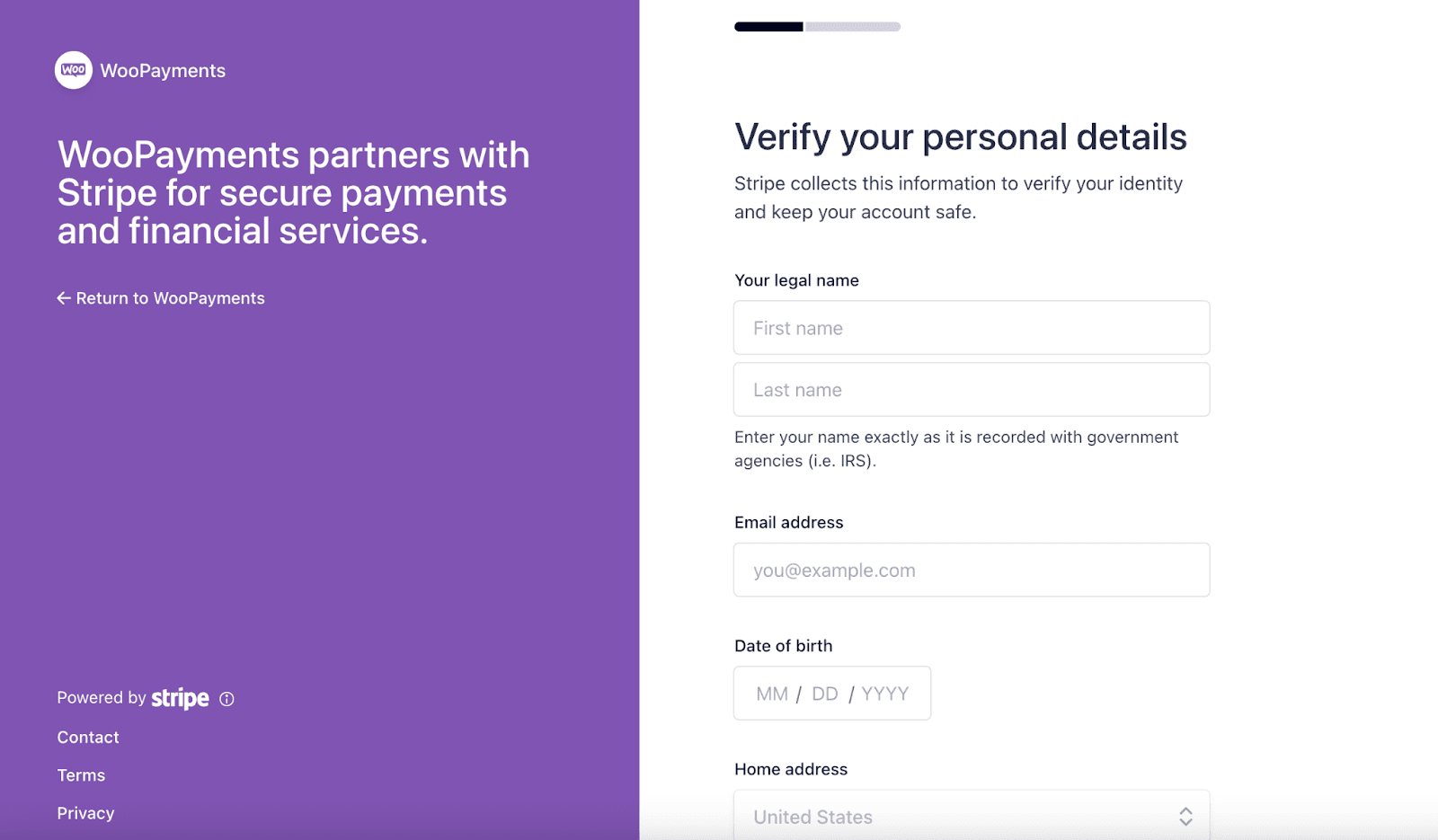 Vérifiez vos données personnelles pour commencer à accepter les paiements WooCommerce.