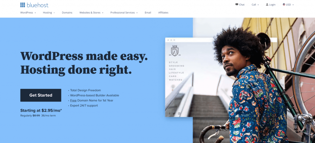 Page d'accueil de Bluehost