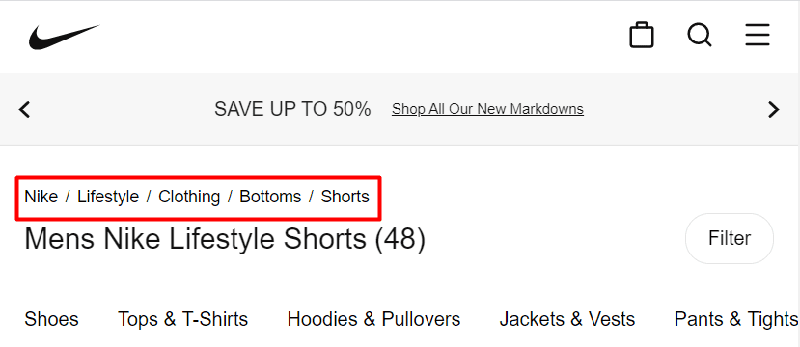 Nike respecte les meilleures pratiques en matière de structure web en utilisant des fils d'Ariane.