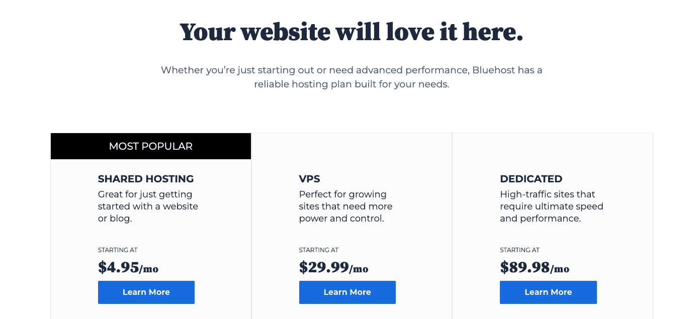 Il existe plusieurs plans d’hébergement abordables de Bluehost.