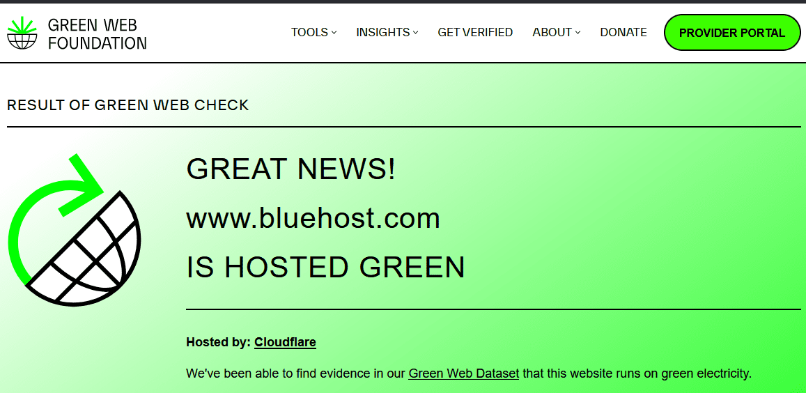 Bluehost website is hosted on a green webserver.