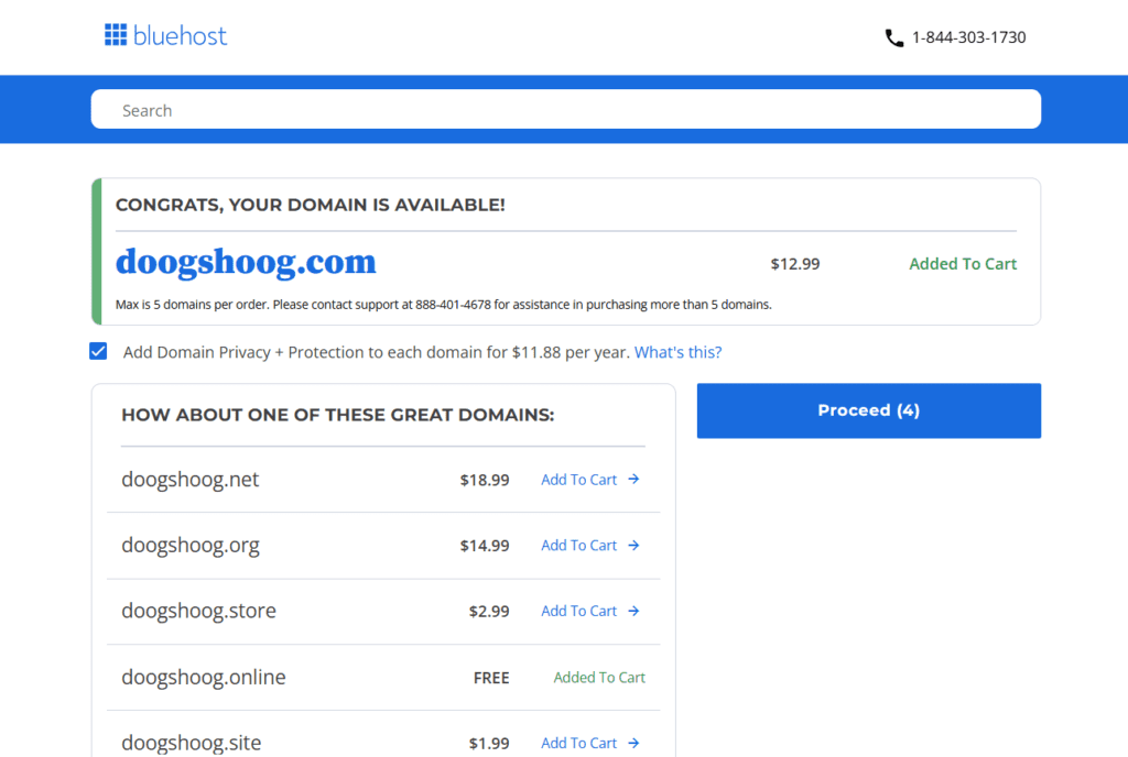 Recherche de domaine Bluehost