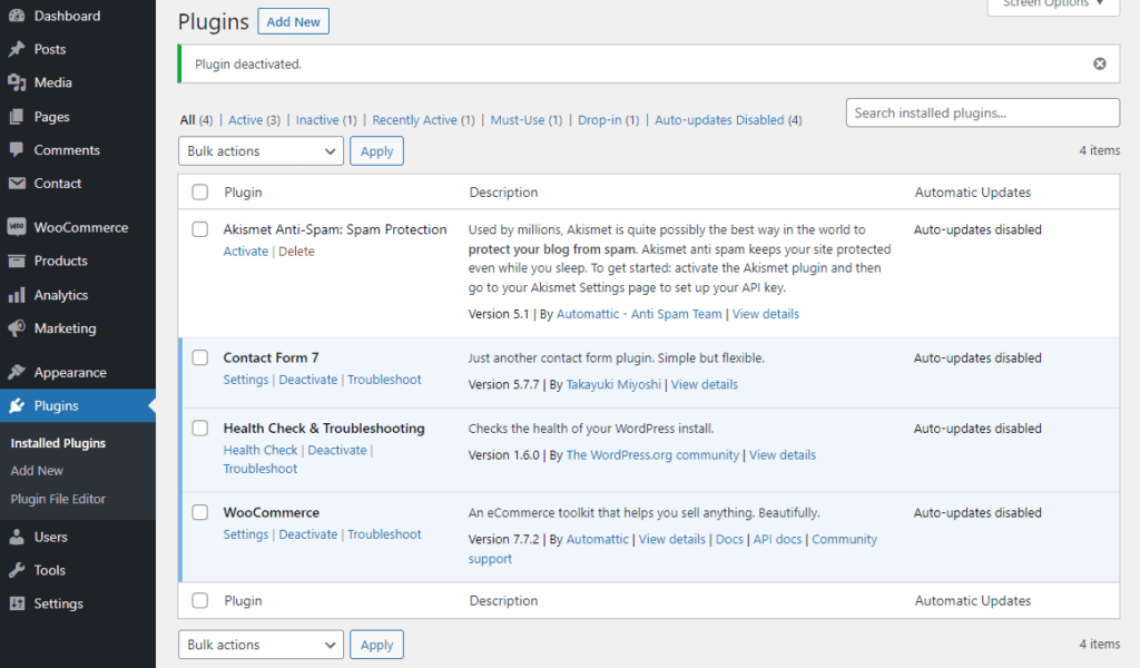 Désactiver les plugins sur WordPress