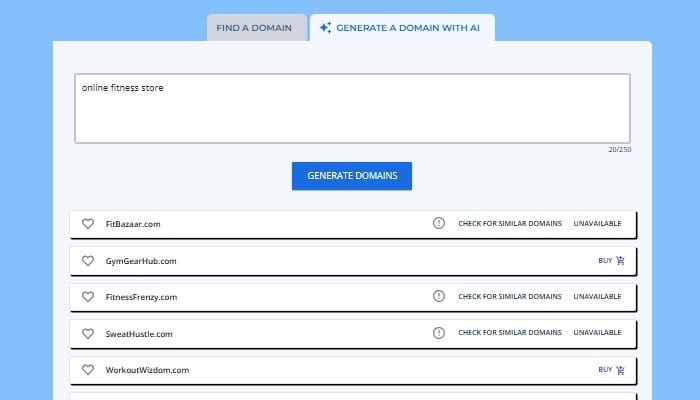 Écran du générateur de nom de site Web